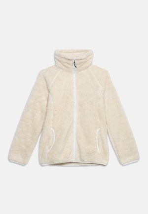 Veste polaire couleur crème avec fermeture éclair intégrale, col montant et deux poches devant, présentée à plat sur un fond clair.