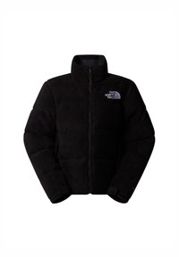 Czarna kurtka polarowa z wysokim kołnierzem, zapięciem na zamek, pikowanym wzorem i logo na lewej piersi. Miękka tekstura i ocieplany krój.