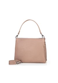 Borsa a spalla in pelle rosa con una texture liscia, forma piatta, manico corto e tracolla staccabile. Presenta una chiusura con zip e accessori in metallo argentato.
