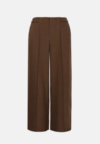 Pantalon marron à jambes larges avec plis à l'avant et détails de boutons sur les pattes de taille, présenté sur fond blanc.