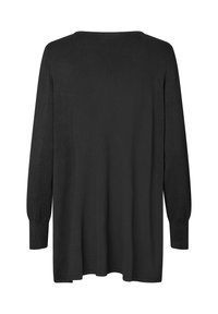 Maglione nero a maniche lunghe in un tessuto morbido e textured. Presenta un collo rotondo e una vestibilità ampia e rilassata con polsini a costine.