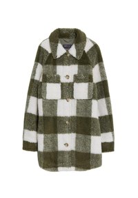 Chaqueta de forro polar a cuadros verdes y blancos con cuello de solapa, dos bolsillos frontales y cierre de botones. Textura suave con un corte amplio.
