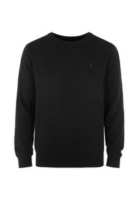 Czarny sweter z miękkiego dzianiny, z okrągłym dekoltem, długimi rękawami i subtelnym akcentem logo na piersi.