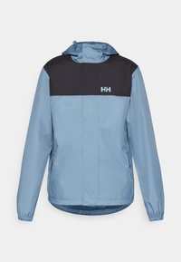 Light blue jacket with a black upper section, hood, elastic cuffs, and a logo. Made of lightweight material with a smooth texture.