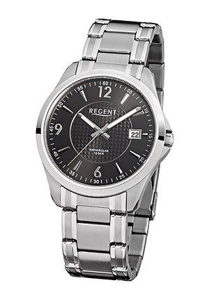 Montre bracelet en métal argenté avec cadran noir texturé, index argentés, affichage de la date à 3 heures, et marque "Regent" sur le cadran.