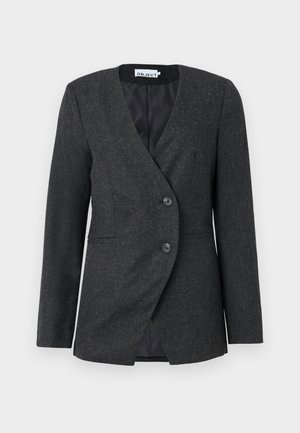 Blazer ajusté gris foncé en tissu texturé. Doté d'un devant croisé avec deux boutons et d'un col à revers.
