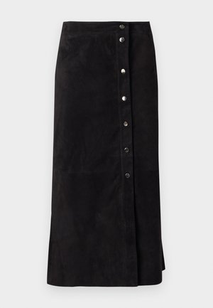 Gonna midi in suede nera con bottoni a pressione argentati sul davanti e spacco laterale, vestibilità dritta e vita alta.