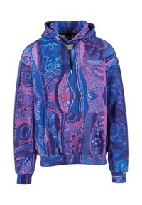 Felpa con cappuccio caratterizzata da motivi astratti in blu, viola e rosa, tasca frontale, cordini neri con estremità dorate e logo "Colucci" sul petto.