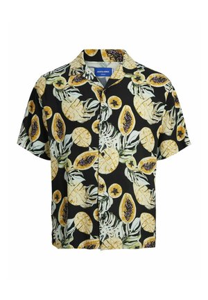 Kurzarmhemd mit schwarzem Hintergrund und Mustern von gelben und grünen Papayas und Ananas, aus leichtem Stoff gefertigt.