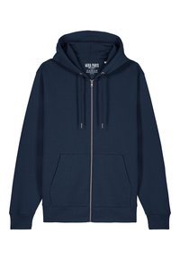 Felpa con zip di colore blu navy, realizzata in tessuto misto cotone, con cappuccio regolabile tramite lacci, tasche frontali e polsini a coste all'orlo e alle maniche.