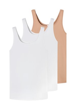 Tre canottiere senza maniche, due bianche davanti e una beige dietro, sovrapposte su uno sfondo bianco.