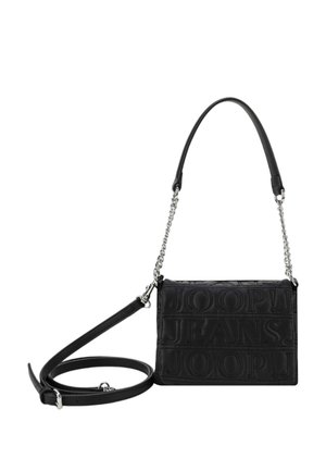 Black quilted crossbody bag with silver chain and adjustable strap, embossed with "JOOP! JEANS" text pattern.