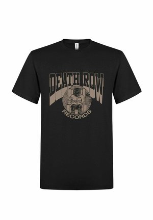 Camiseta negra con el texto "Death Row Records" y gráfico de un hombre en una silla eléctrica dentro de un círculo en el centro delantero.
