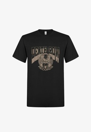 Camiseta negra con el texto "Death Row Records" y gráfico de un hombre en una silla eléctrica dentro de un círculo en el centro delantero.