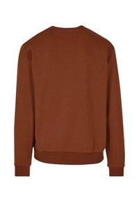 Brown sweatshirt made of soft fabric, featuring a round neck, long sleeves, and ribbed cuffs and hem. Solid color with no patterns.