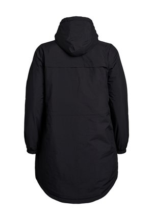 Zwarte, lange, hooded jas van glad, waterafstotend materiaal met elastische manchetten en een ronde zoom, met een eenvoudig, functioneel ontwerp.