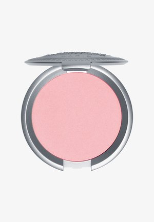 Runder Blush-Compact mit einem silbernen, metallischen Gehäuse. Das Innere enthält ein sanftes, pinkes Puder mit einer matten Textur.