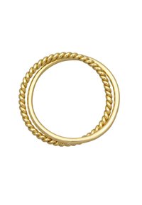 Guld dobbelt ring med en glat, poleret bezel og et snoet design. Ringene er cirkulære med en blank finish.