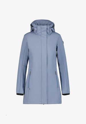 Chaqueta impermeable de color azul claro con un alto cuello, dos cremalleras laterales y un diseño elegante y aerodinámico. Presenta detalles en negro en los puños.