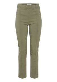 Pantalons vert olive en tissu lisse, présentant un design ajusté, des jambes slim et des détails de couture verticale pour un look soigné.