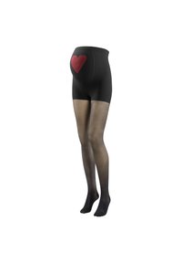 Collant neri con una parte opaca alta in vita che presenta un design a cuore rosso sul retro, che si trasforma in gambe trasparenti. Texture liscia.