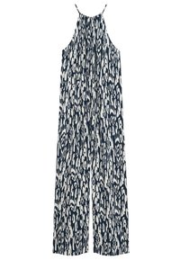 Navy and white patterned jumpsuit with halter neck, loose fit, wide legs, and lightweight fabric. Features abstract shapes and a flowing design.