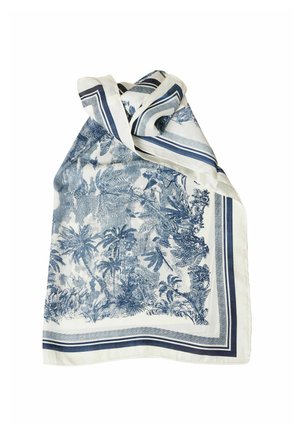 Zijden sjaal met een print van tropische bladeren en palmbomen in marineblauw op een witte achtergrond, omlijst door marineblauwe en witte strepen.