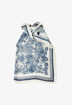 Zijden sjaal met een print van tropische bladeren en palmbomen in marineblauw op een witte achtergrond, omlijst door marineblauwe en witte strepen.
