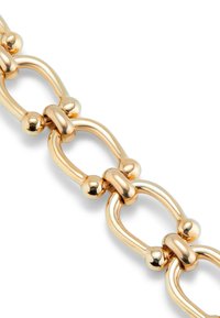 Pulsera de cadena en metal dorado con eslabones ovalados de superficies pulidas, conectados por cuentas redondeadas para añadir dimensión y textura.