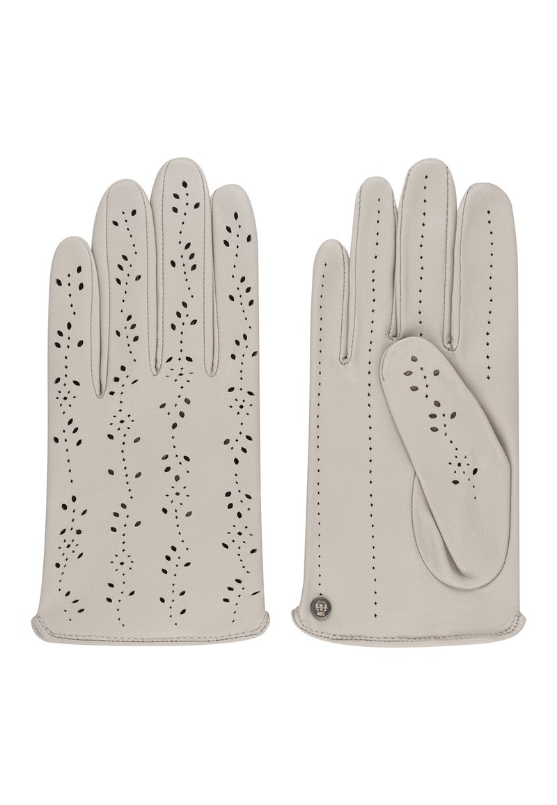 Lichtgrijze leren handschoenen met ingewikkelde uitgesneden bloemenpatronen, ontwerp met vijf vingers en decoratieve stiksels langs de randen.