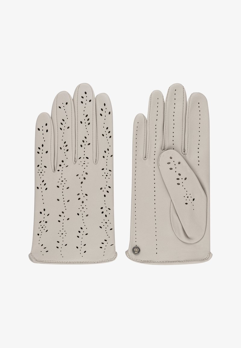 Guantes de cuero gris claro con intrincados patrones de flores recortados, diseño de cinco dedos y costuras decorativas a lo largo de los bordes.