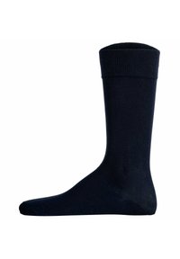 Mörk marinblå bomullssocka med ribbat skaft, medeltjock, slät textur och en klassisk knähög design.
