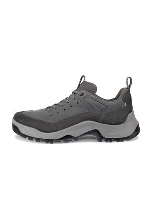Gray hiking shoe with a smooth synthetic upper, cushioned midsole, rubber outsole, and lace closure. Features a rear pull tab for easy wear.