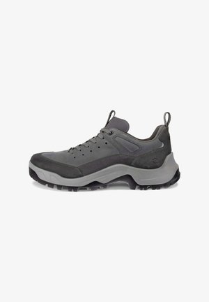 Gray hiking shoe with a smooth synthetic upper, cushioned midsole, rubber outsole, and lace closure. Features a rear pull tab for easy wear.