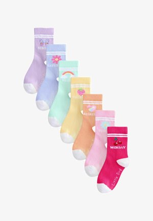 Colorful cotton socks in pastel shades, featuring designs for each day of the week, with white toe and heel accents.