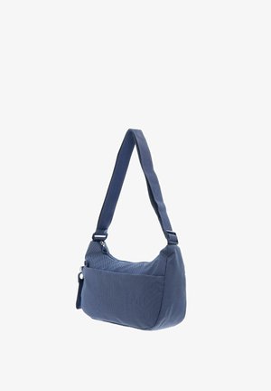Petit sac à épaule en tissu bleu avec une large sangle réglable et une poche avant, présenté sur fond blanc.