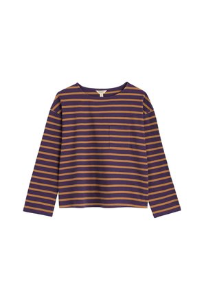 Donkerpaarse lange mouw shirt met horizontale mosterdgele strepen, ronde halslijn en een klein borstzakje. Gemaakt van zachte, rekbare stof.