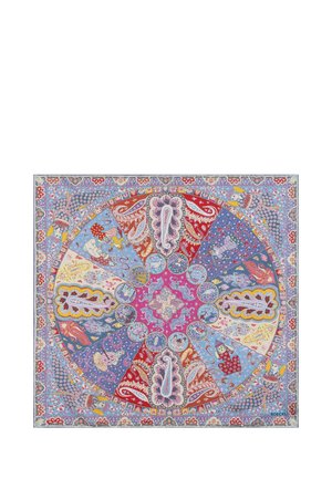 Square scarf with a circular patchwork pattern featuring paisley, floral, and animal motifs in red, blue, yellow, and pink tones.