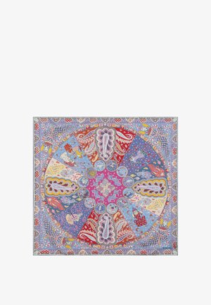 Square scarf with a circular patchwork pattern featuring paisley, floral, and animal motifs in red, blue, yellow, and pink tones.