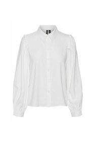 Camicia bianca con colletto e maniche a sbuffo. Presenta dettagli arricciati sulle spalle. Realizzata in tessuto leggero, semi-strutturato.