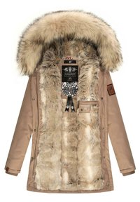 Beige parka met een faux fur-voering in de capuchon, voorzien van een volledige ritssluiting, zijzakken en merklabels. Glad exterior en een zachte binnenkant.