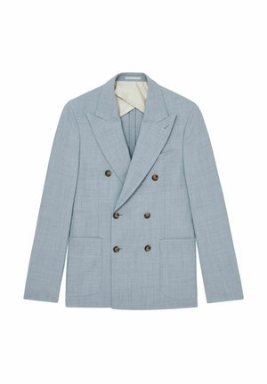 Doppelt gefütterte hellblaue Blazer aus strukturiertem Stoff, mit zwei Fronttaschen und braunen Knöpfen. Futter in cremefarbener Innenausstattung.