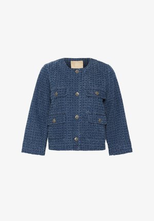 Blue textured jacket with a round neckline, two front pockets, and metallic snap buttons. Features a cropped cut and a subtle woven pattern.