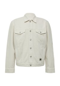 Beige denimjack met een puntige kraag, twee borstzakken, zilverkleurige hardware en een relaxed fit met een lichte textuur.