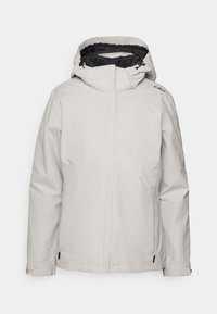 Veste d'hiver gris clair isolée avec capuche réglable, fermeture éclair avant recouverte d'un rabat, et poches latérales à fermeture éclair.