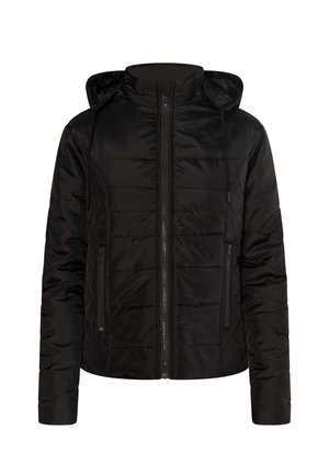 Fekete pufi dzseki kapucnival, elülső cipzárral, két oldalsó cipzáras zsebbel, steppelt mintázattal és elasztikus mandzsettával. Simas, fényes felület.