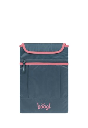 Tmavě modrá a růžová termo taška na oběd s přední kapsou na zip a zavíráním na klopu, označená logem "baagl" růžové barvy.