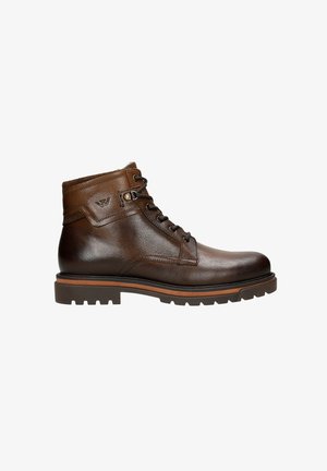 Bottines en cuir marron avec une finition texturée, lacées, col rembourré et semelle robuste avec des accents marron.