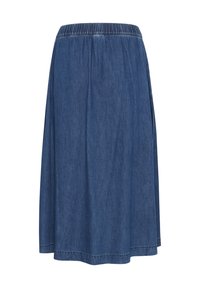 Jeanskrilo z elastičnim pasom, do kolen, v enotni temno modri barvi, z gladko teksturo in preprostim dizajnom.