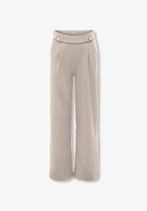 Beżowe spodnie z szerokimi nogawkami o gładkiej fakturze, z wysokim stanem i dwoma guzikami, zaprojektowane z plisami dla dopasowanego kroju.